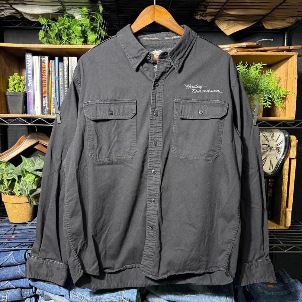 Harley Davidson Button Up Biker Tee Black Embroidered Motorcycle Shirt Large